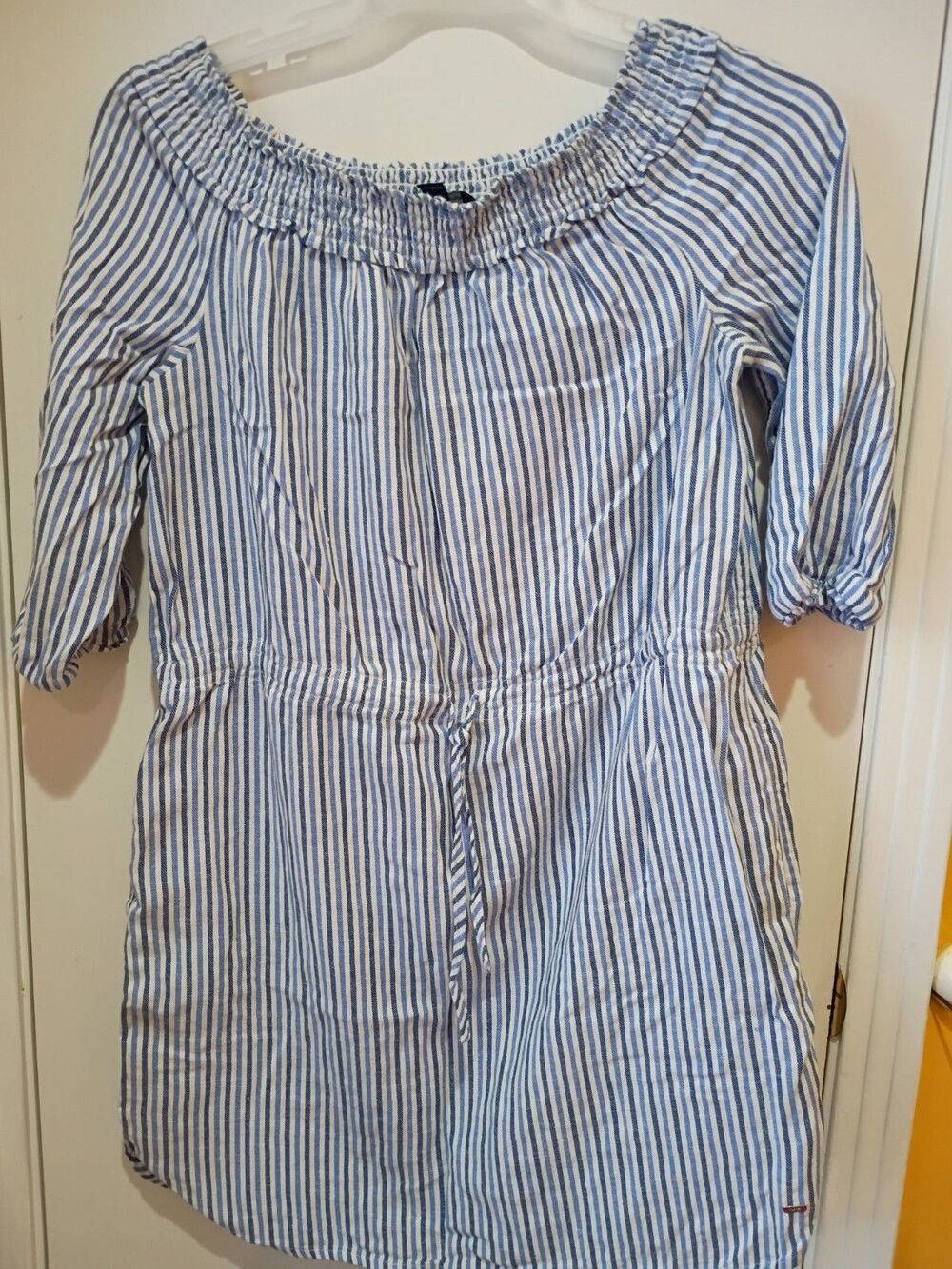Tommy Hilfiger Off Shoulder Dress Drawstring Waist, Pockets,Blue Stripes, M